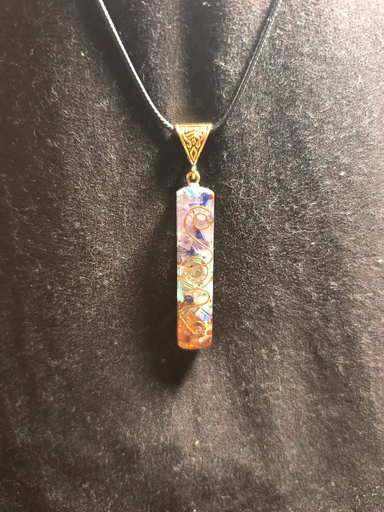 Chakra wire wrapped pendant necklace with faux leather chain